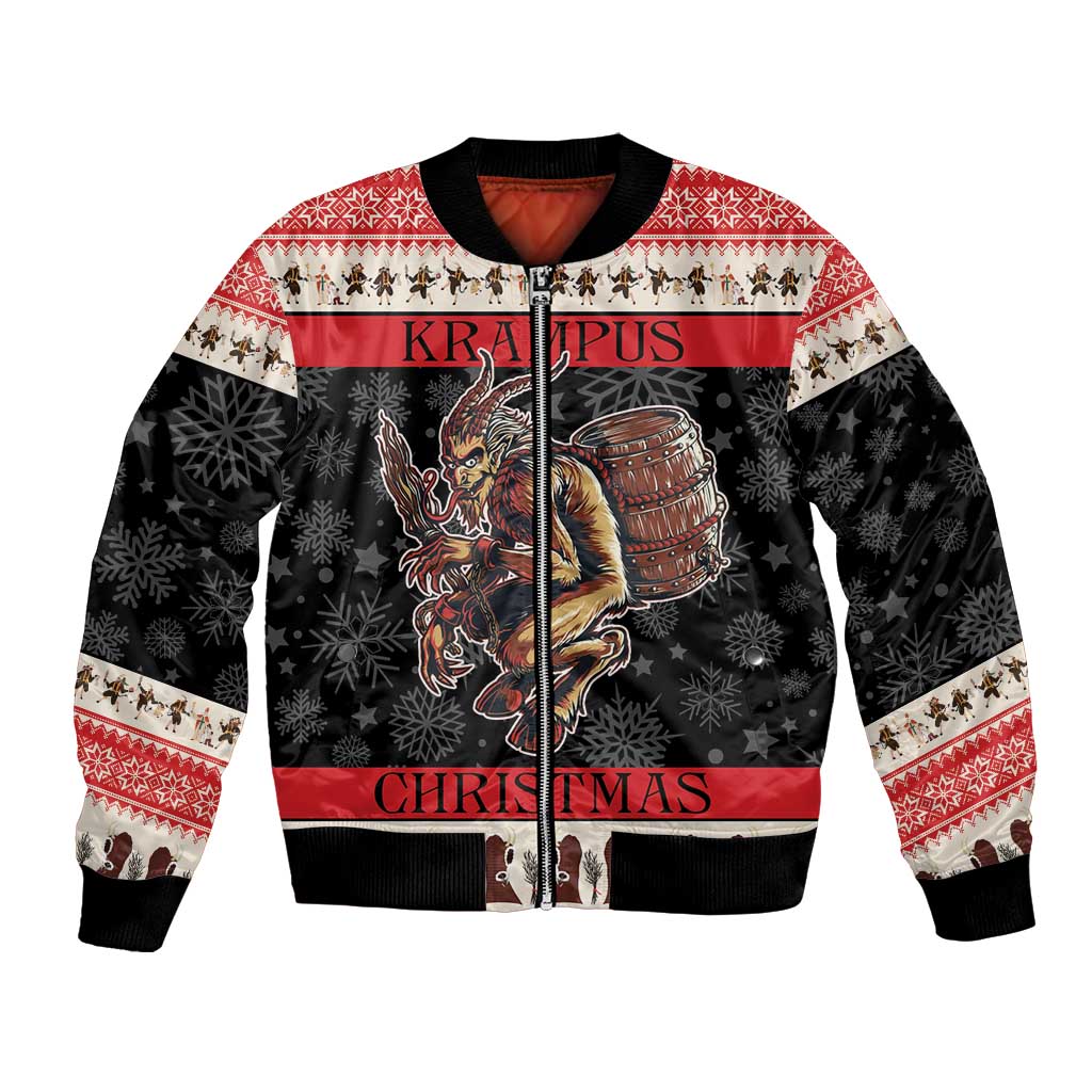 Red and black bomber jacket with winter print, Krampus graphic, zip front and ribbed cuffs