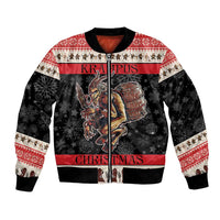 Red and black bomber jacket with winter print, Krampus graphic, zip front and ribbed cuffs