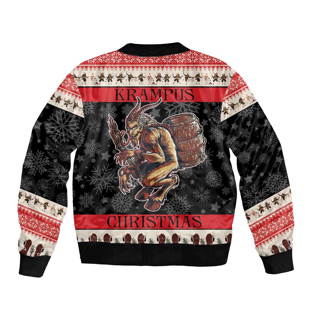 Red and black bomber jacket with winter print, Krampus graphic, ribbed collar and hem