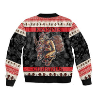 Red and black bomber jacket with winter print, Krampus graphic, ribbed collar and hem