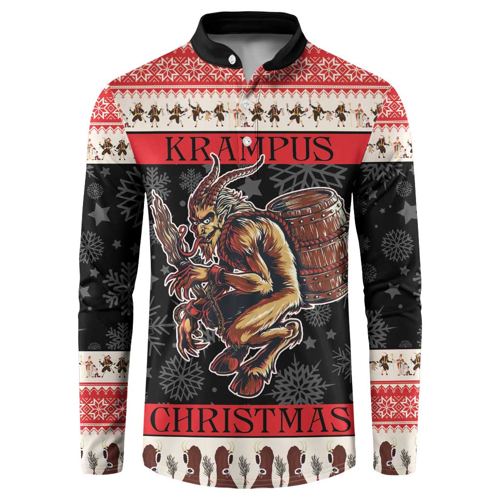 Festive button sweatshirt with red, black, and cream devil graphic and long sleeves