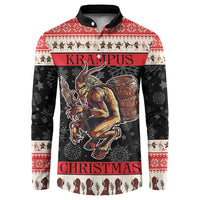 Festive button sweatshirt with red, black, and cream devil graphic and long sleeves