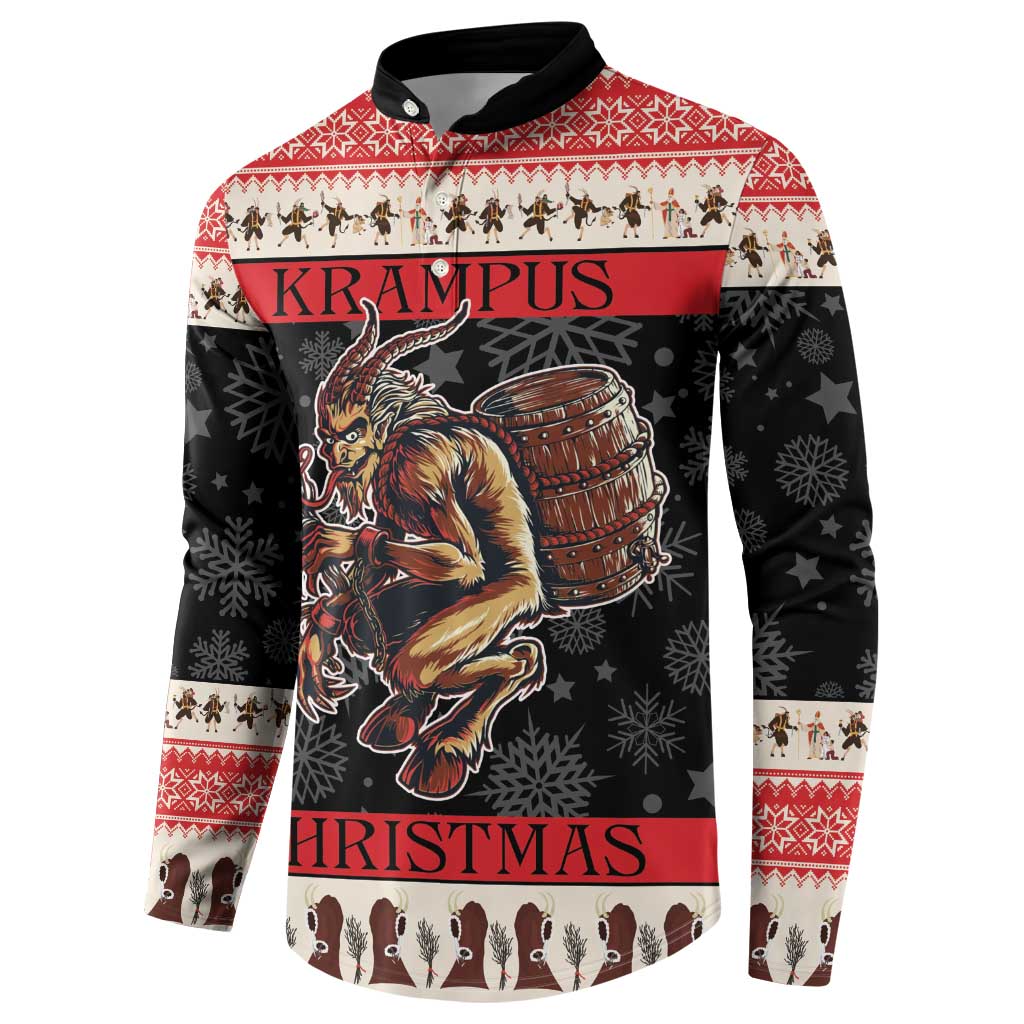 Festive button sweatshirt with devil holding drum graphic; red and cream patterned yoke