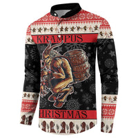 Festive button sweatshirt with devil holding drum graphic; red and cream patterned yoke