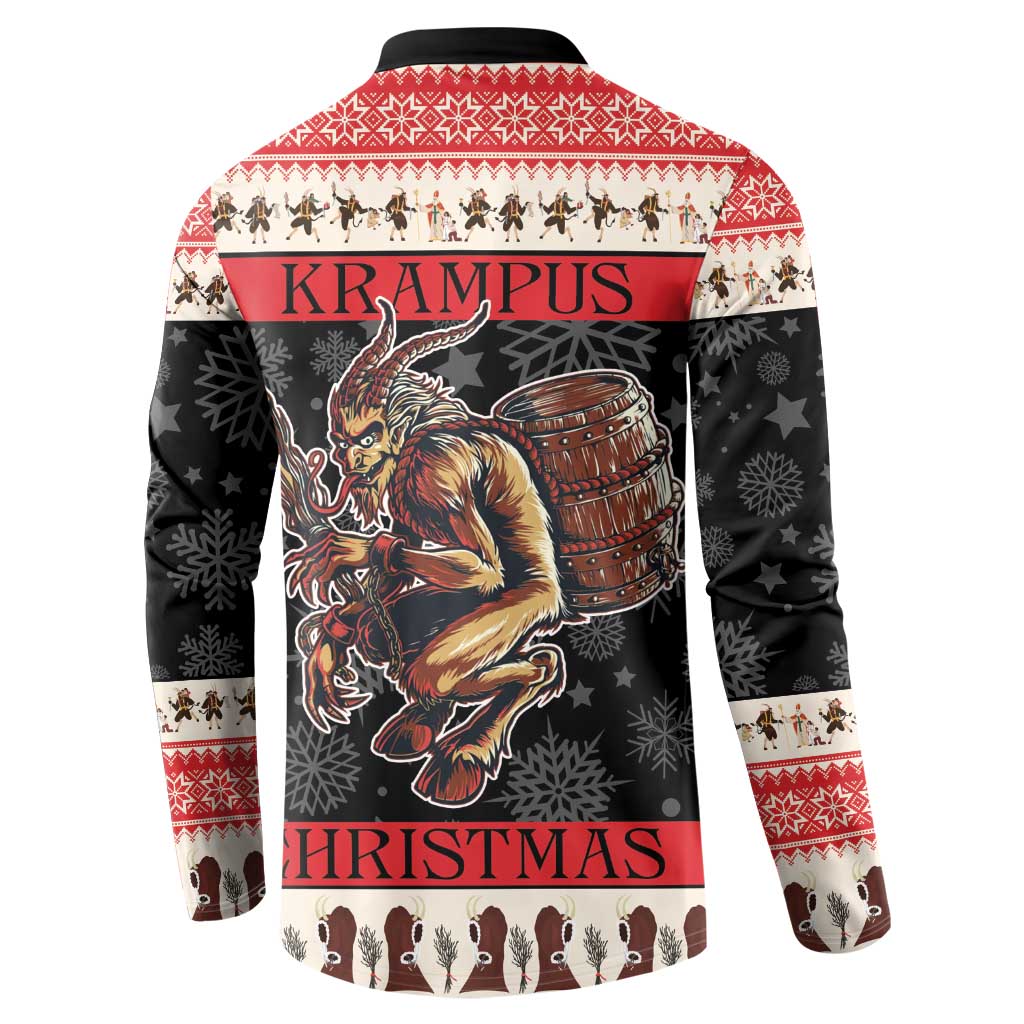 Festive button sweatshirt with back view devil and drum graphic; red and cream trim
