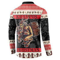 Festive button sweatshirt with back view devil and drum graphic; red and cream trim