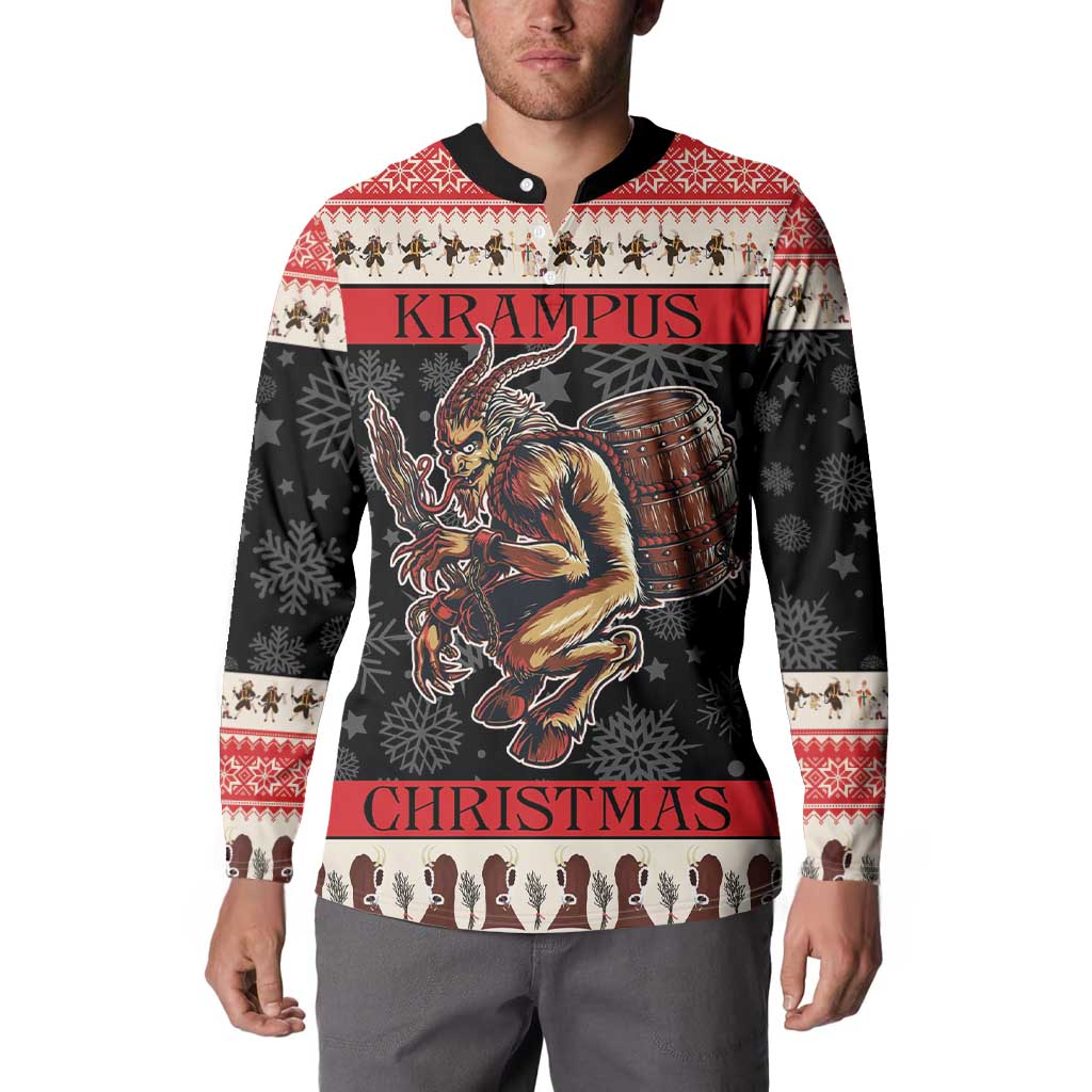 Festive button sweatshirt worn by model; devil drum front graphic in red and black