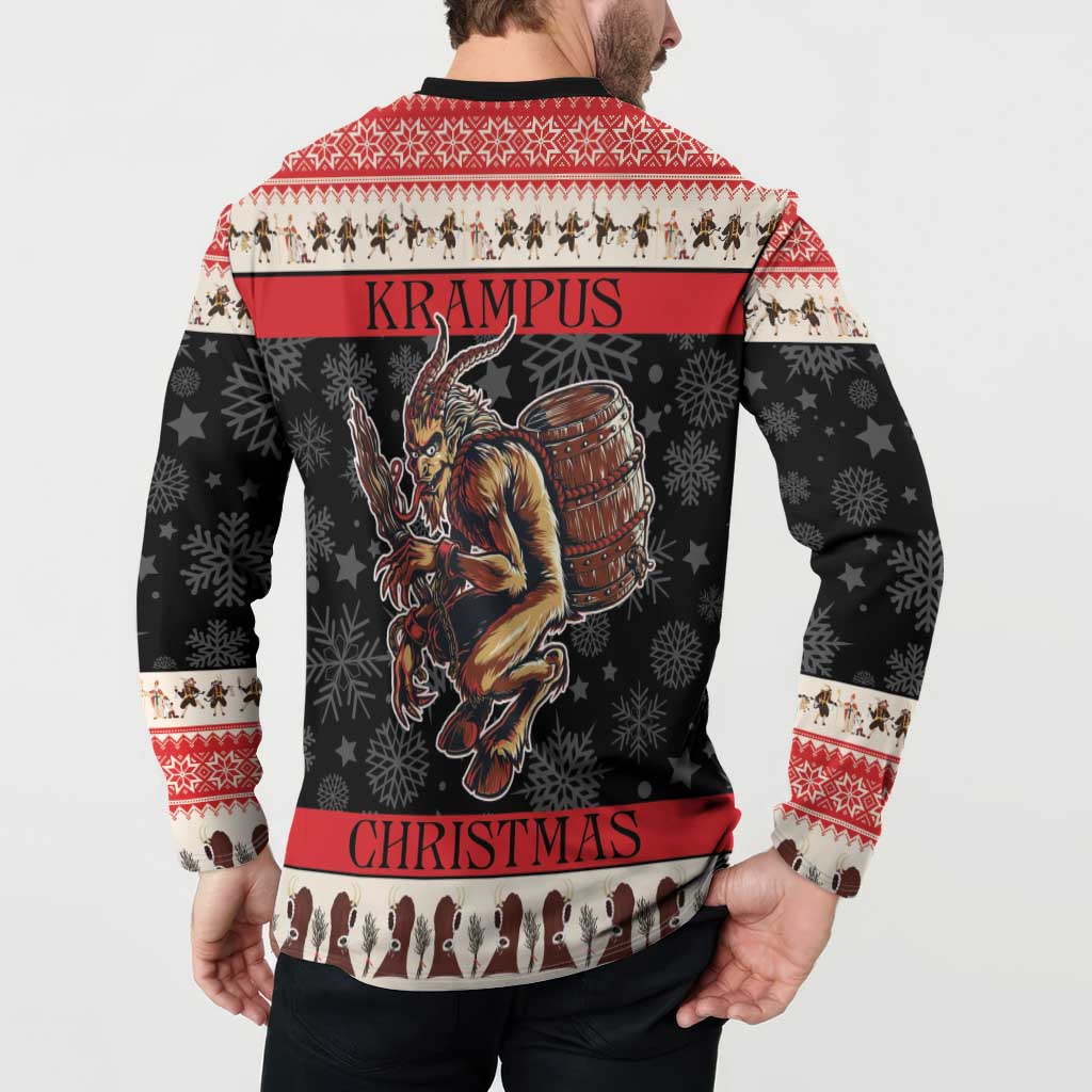 Festive button sweatshirt back view; devil and drum graphic with red Christmas band