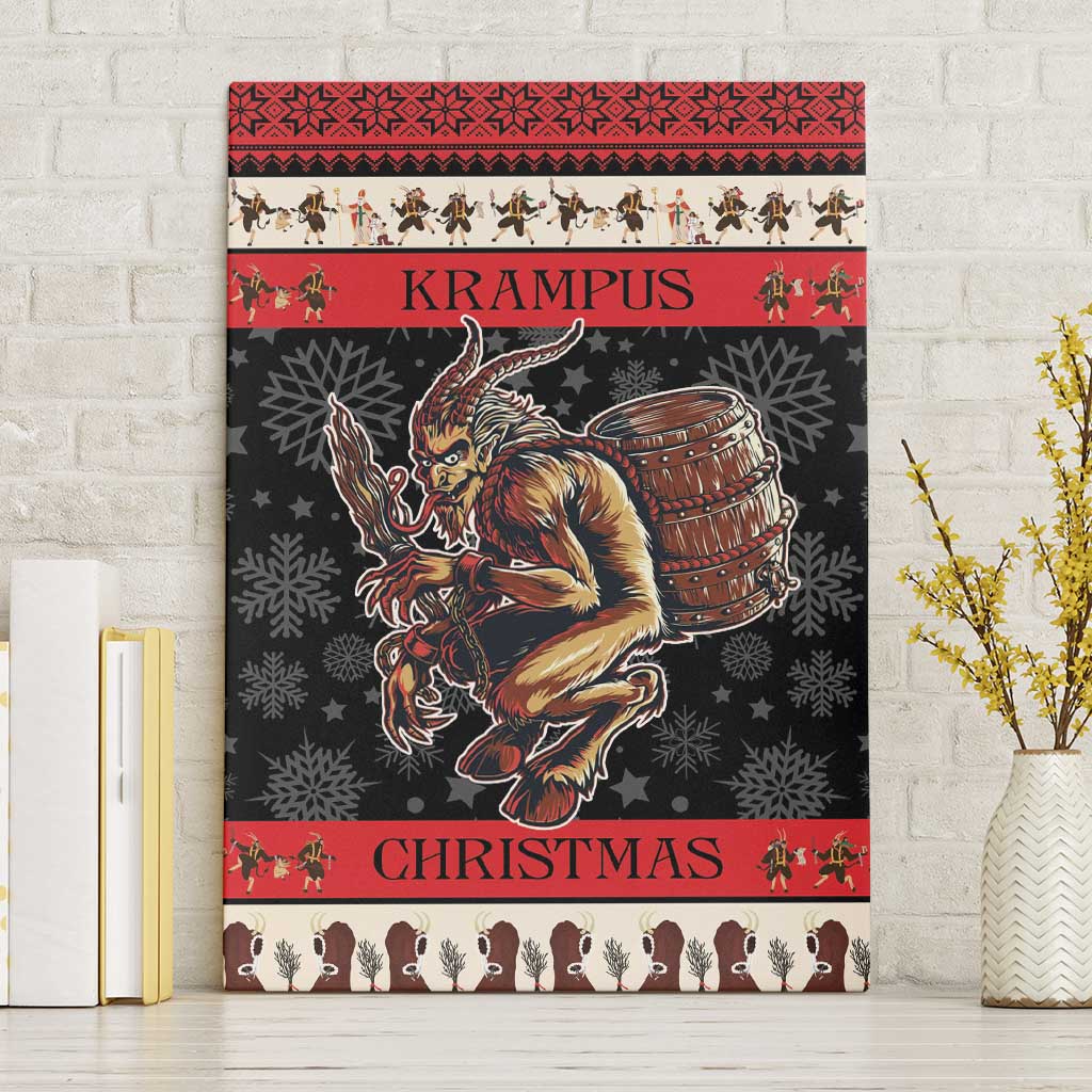 Krampus Christmas canvas wall art front view, black snowflakes, red banners, devil with barrel