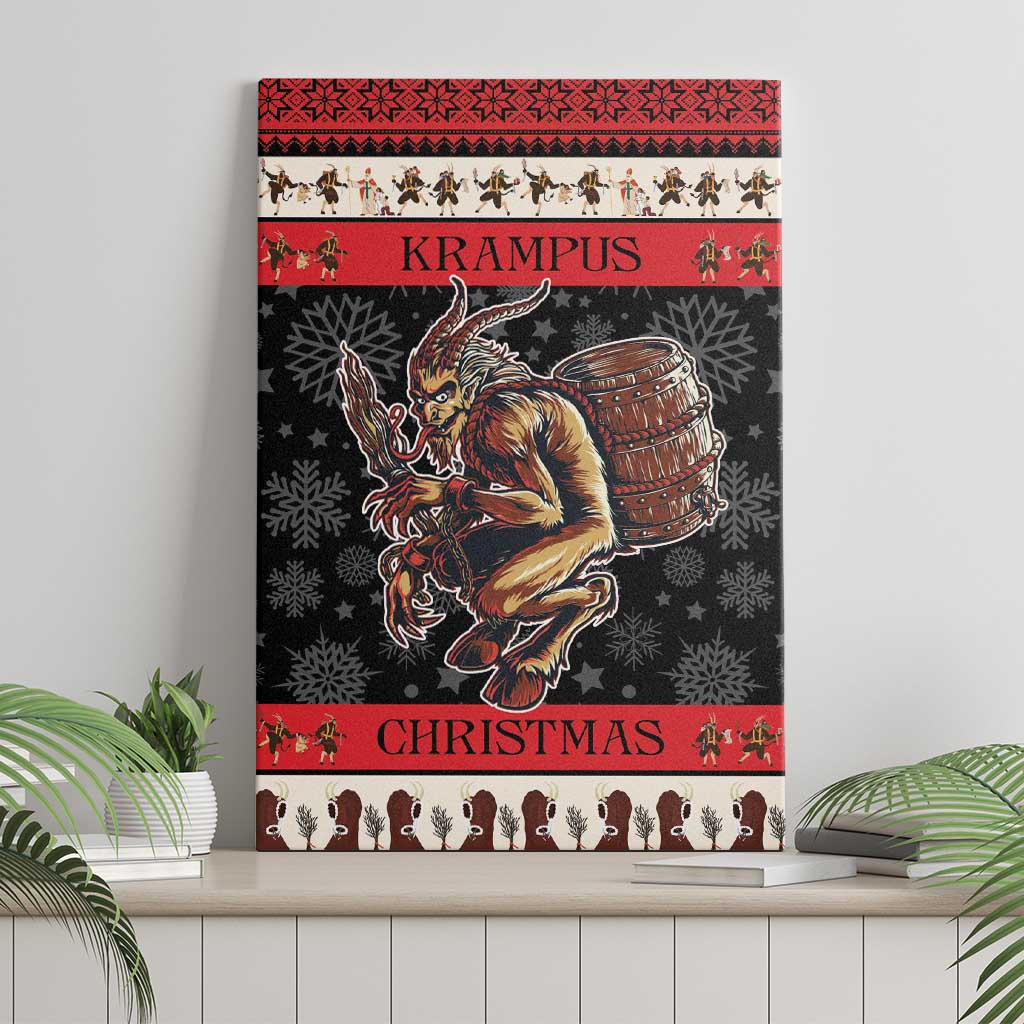 Krampus Christmas canvas wall art, upright rectangular print with devil and barrel on black