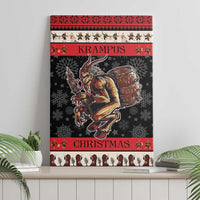 Krampus Christmas canvas wall art, upright rectangular print with devil and barrel on black