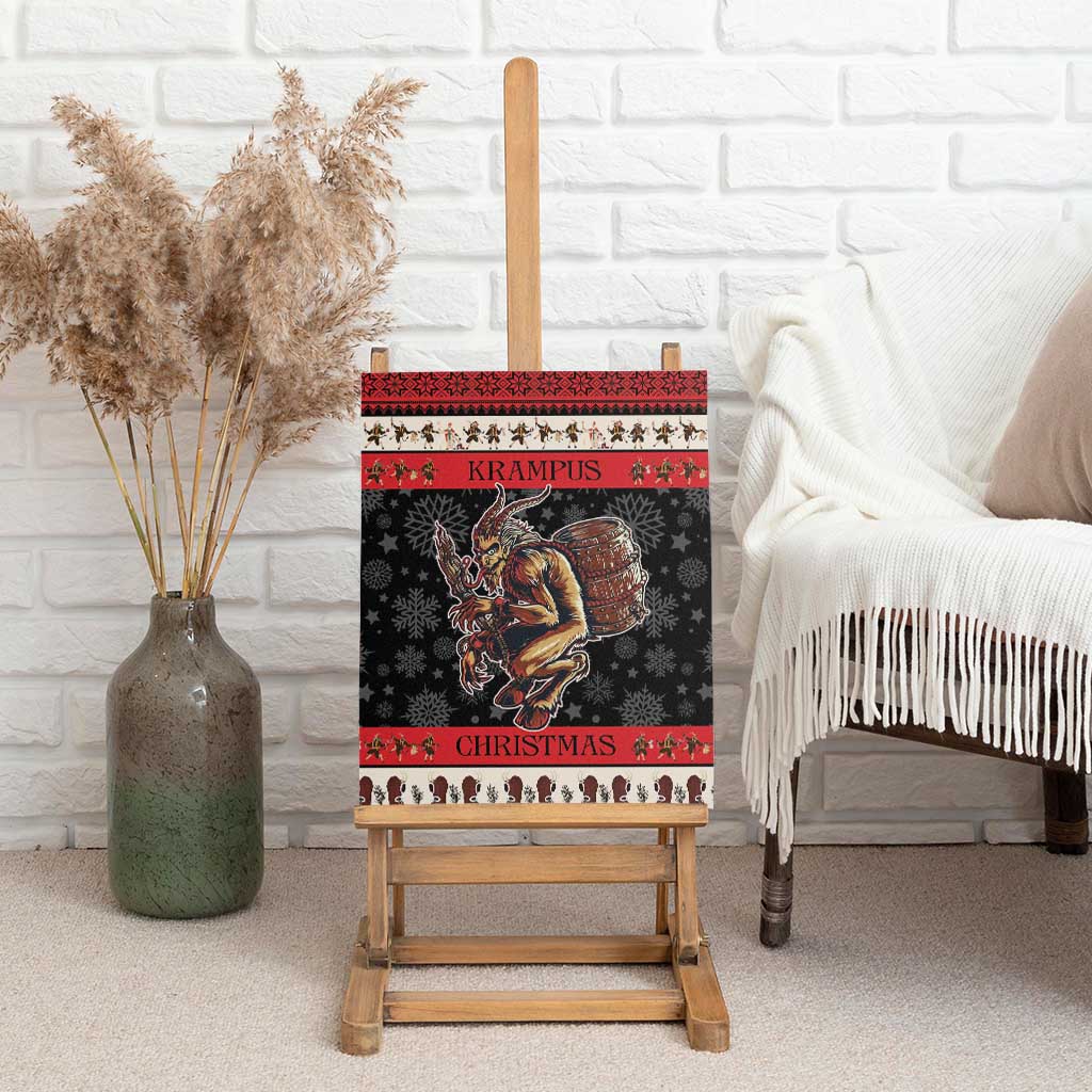Krampus Christmas canvas wall art on easel, black with red stripes and devil barrel illustration