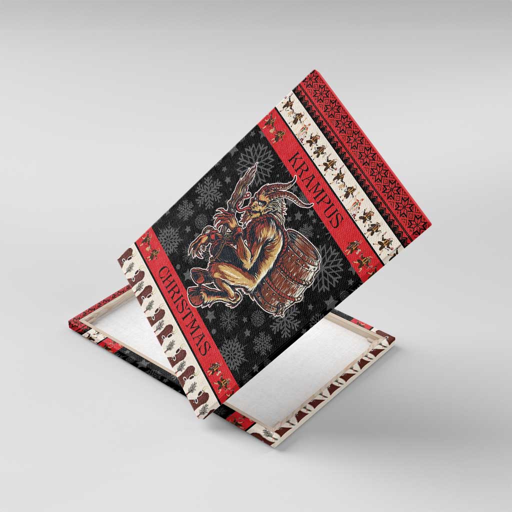 Krampus Christmas canvas wall art angled view, black background with red trim and devil image