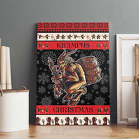 Krampus Christmas canvas wall art, red banner text and devil holding barrel illustration on black