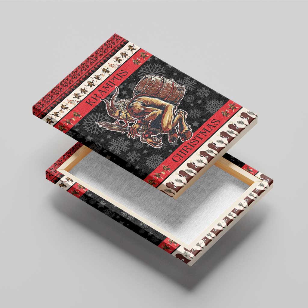 Krampus Christmas canvas wall art, black red gold devil with barrel, festive border