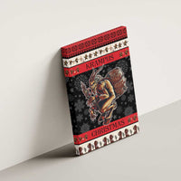 Krampus Christmas canvas wall art, black and red devil holding a barrel, striped border
