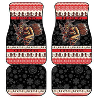 Car floor mat set showing two Krampus designs with red trim, snowflakes, and Christmas text