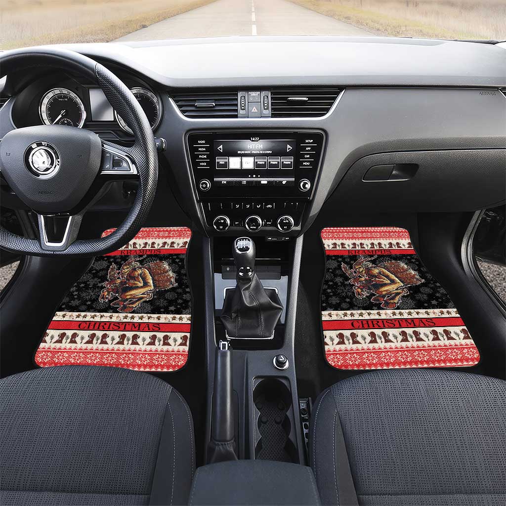 Krampus car mats with red trim and Christmas-themed patterns, placed in front footwells