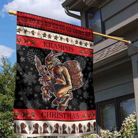 Christmas garden flag with Krampus holding a drum, red trim, KRAMPUS and CHRISTMAS text