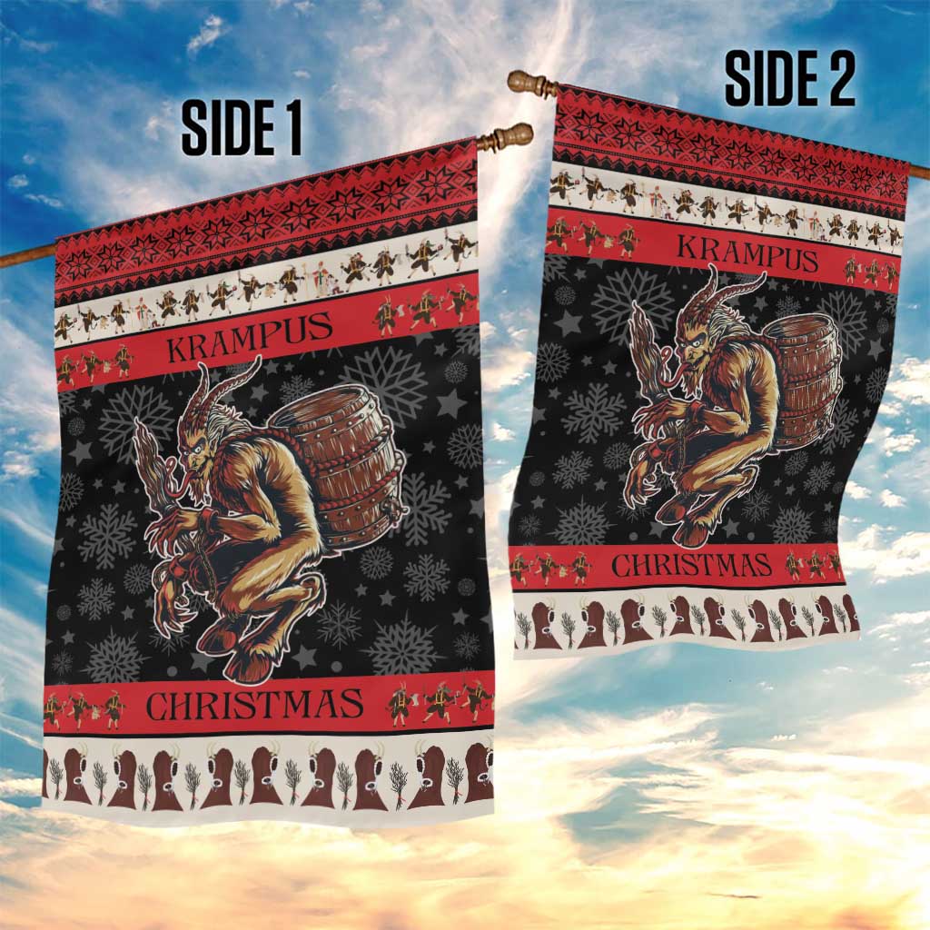 Double-sided Christmas garden flag showing Krampus playing drum on both sides