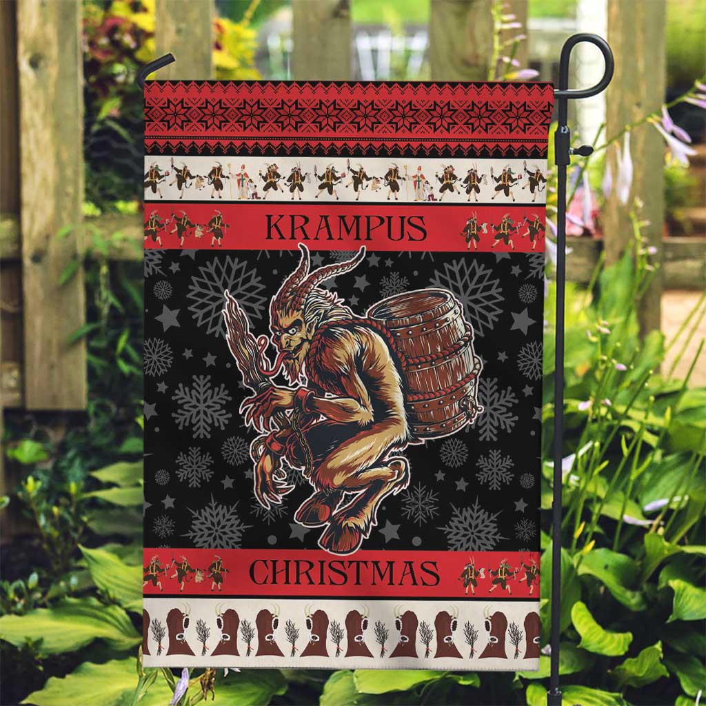 Christmas garden flag with Krampus playing drum on dark background, red border, CHRISTMAS