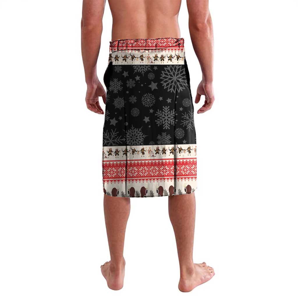 Black Christmas lavalava wrap skirt with snowflake pattern and red border
