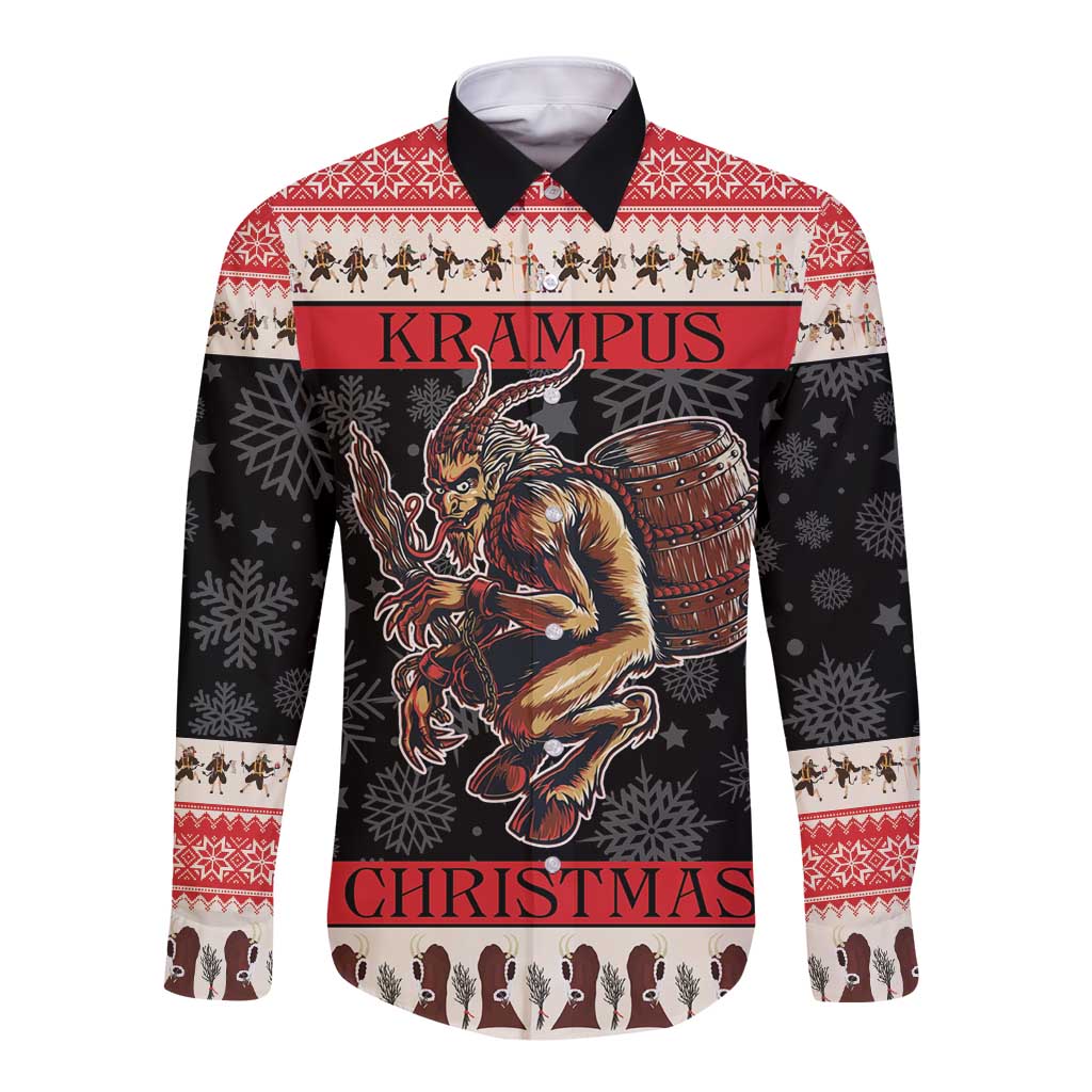 Front view festive long-sleeve button shirt with Krampus and Christmas barrel graphic