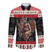 Front view festive long-sleeve button shirt with Krampus and Christmas barrel graphic
