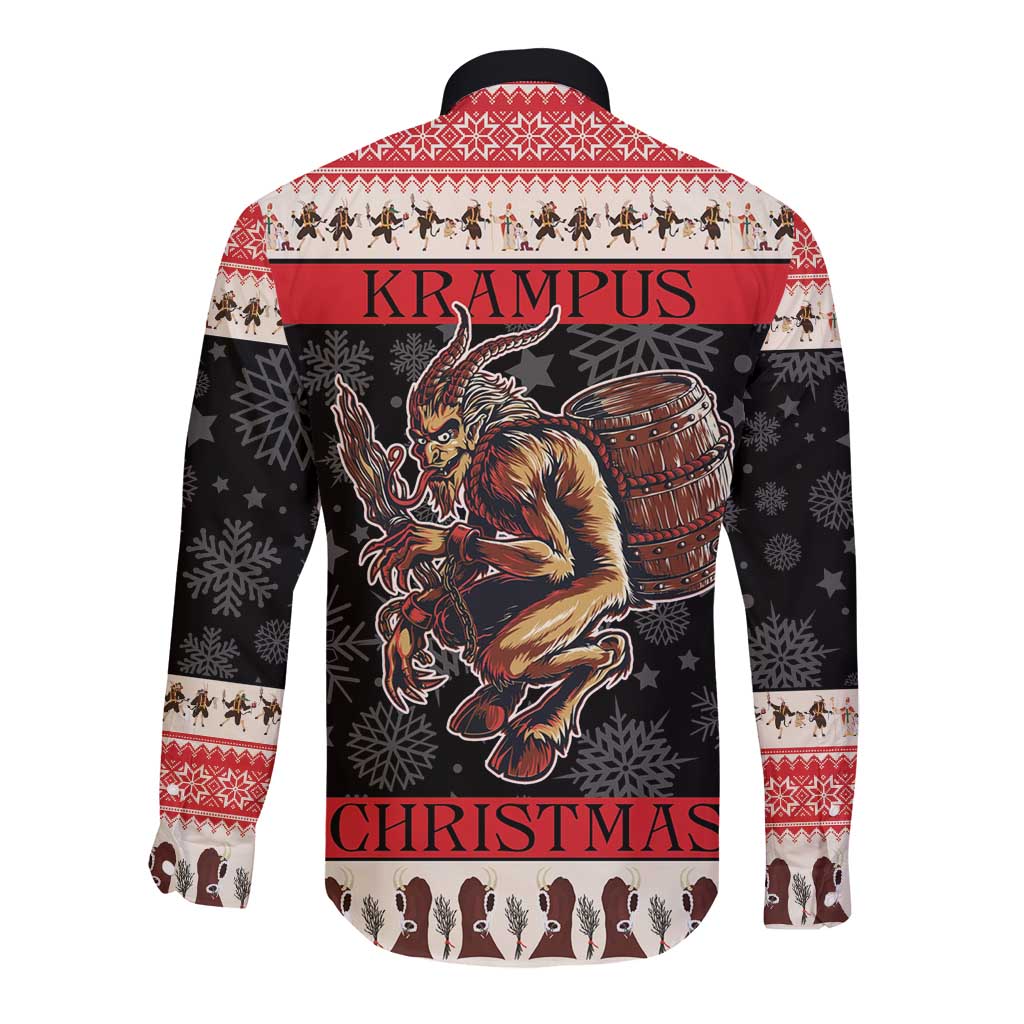Festive long-sleeve button shirt with Krampus graphic, red/black/white holiday pattern