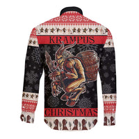 Festive long-sleeve button shirt with Krampus graphic, red/black/white holiday pattern