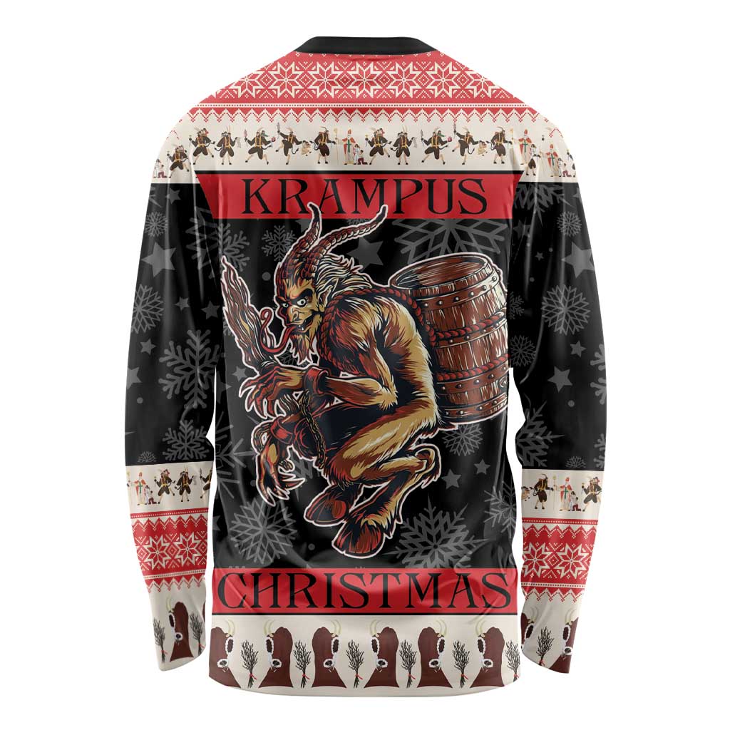 Red-and-black long-sleeve shirt with devil graphic on back and snowy holiday pattern