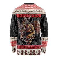 Red-and-black long-sleeve shirt with devil graphic on back and snowy holiday pattern