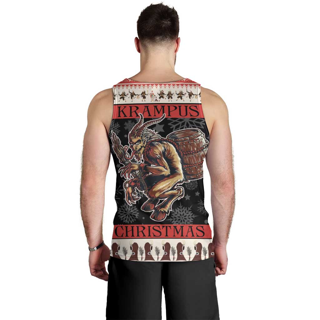 Men's black tank top, back view, red band with “KRAMPUS” and “CHRISTMAS” graphic