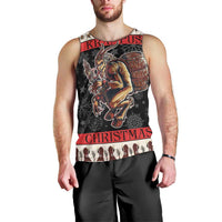 Men's black tank top on model, front view: Krampus devil, red “CHRISTMAS” stripe at hem