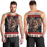 Men's black tank top front and back views with Krampus devil art and red “CHRISTMAS” text