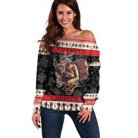 Off-shoulder holiday sweater with red-and-black festive graphic, long sleeves
