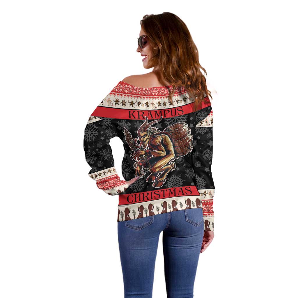 Off-shoulder holiday sweater, side view, red-and-black festive graphic, long sleeves
