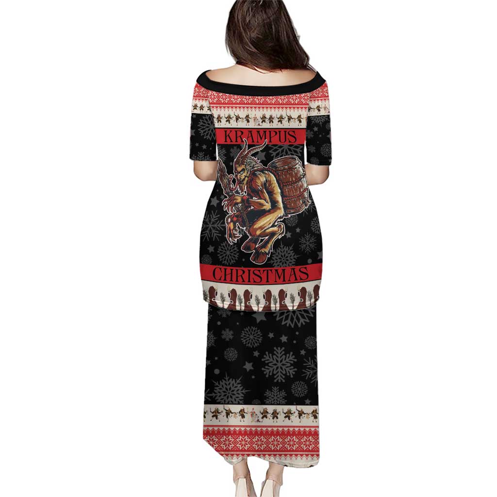 Long black Krampus Christmas graphic maxi dress with short sleeves, festive border print