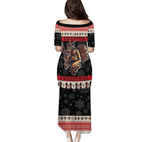 Long black Krampus Christmas graphic maxi dress with short sleeves, festive border print