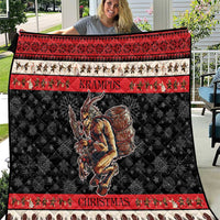 Krampus Christmas quilt blanket with red borders, black snowflake background, monster central art