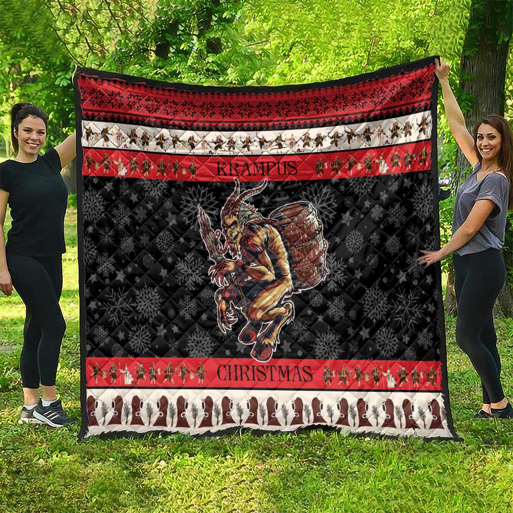 Outdoor Krampus quilt blanket with red bands, snowflake black base, and monster center graphic