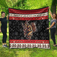 Outdoor Krampus quilt blanket with red bands, snowflake black base, and monster center graphic