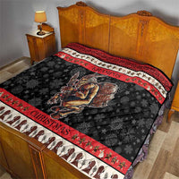 Krampus Christmas quilt blanket on bed with red-and-white striped edge and character print