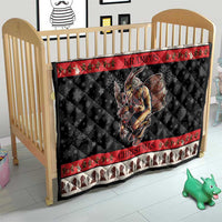 Krampus Christmas quilt blanket for crib with red border, black star pattern, monster graphic