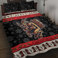 Krampus quilt bed set featuring black snowflake star print, central character art, red Christmas stripe