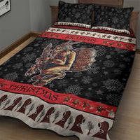 Krampus Christmas quilt bed set with black star and snowflake pattern, red trim, handprint hem