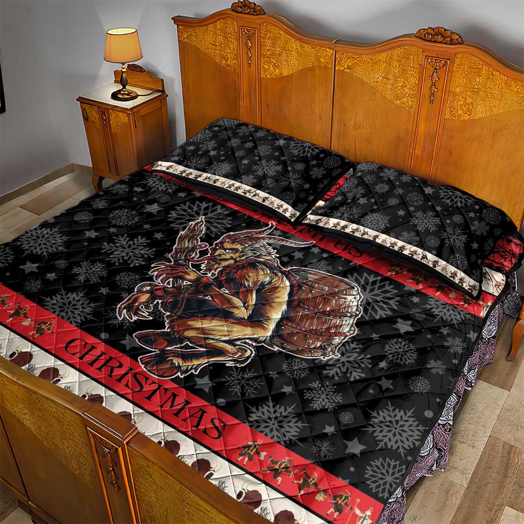 Krampus quilt bed set on bed with black snowflake stars, red border stripe, and matching pillow shams