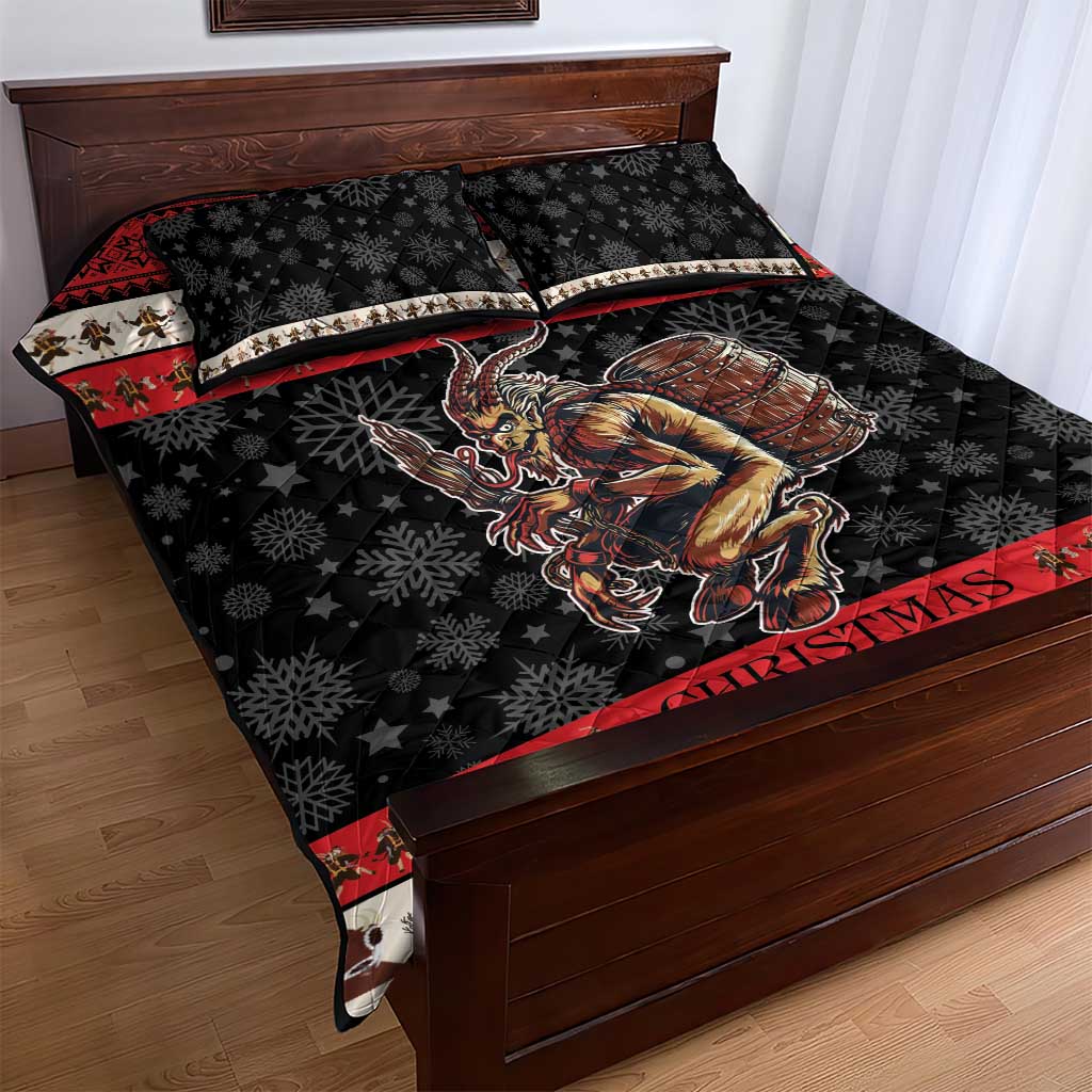 Krampus Christmas quilt bed set with black geometric snowflake print, red stripe, and two pillow shams