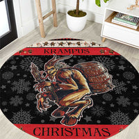 Round area rug with Krampus Christmas devil graphic, red border on black background.