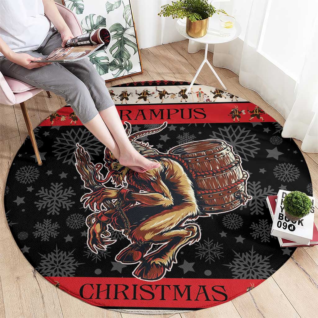 Round Christmas rug featuring Krampus devil carrying a drum, red edging on dark base.